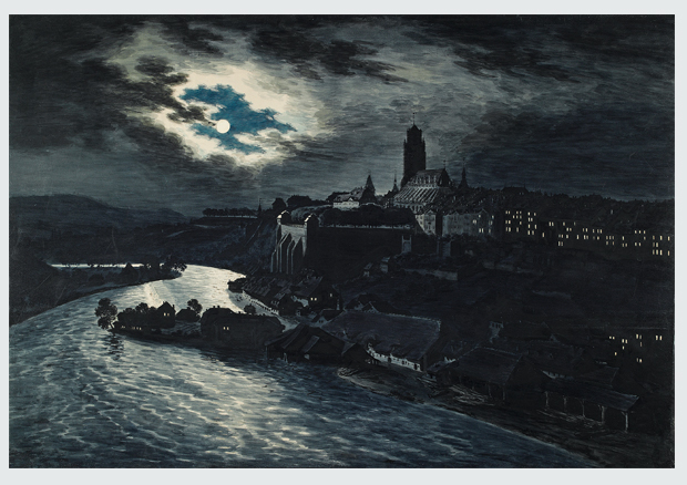 Franz Niklaus König, Die Stadt Bern im Mondlicht aufgenommen vom Muristalden, um 1810, Aquarell auf Transparentpapier, 84 x 119 cm. Kunstmuseum Bern, Bernische Kunstgesellschaft, Bern
Ankauf durch die Bernische Künstlergesellschaft 1867 - 