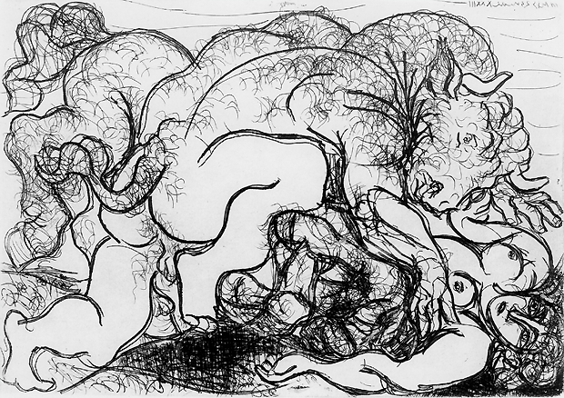 Pablo Picasso, Minotaure attaquant une amazone, 1933, Radierung auf Papier, 34 x 45 cm, Depositum der Gottfried Keller-Stiftung/
Kunstmuseum Bern, Schenkung Georges Bloch. - © 2011, ProLitteris, Zürich