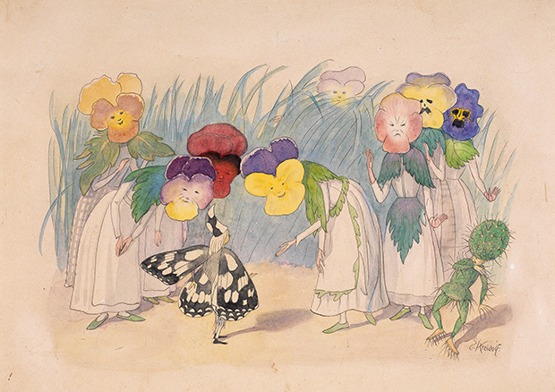 Ernst Kreidolf, Lenzgesind: Bei den Stiefmütterchen, 1926 Tusche und Aquarell auf Papier 25,7 × 34,4 cm Kunstmuseum Bern, Verein Ernst Kreidolf
 - 