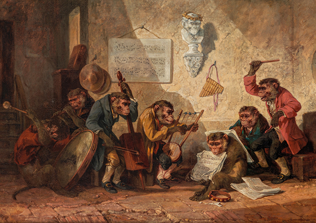 Hippolyte de Boug D‘Orschwiller (1810–1868), Affenkonzert (Ausschnitt) o. J., Öl auf Leinwand, 51 x 90 cm, Zunftgesellschaft zum Affen, Bern - 