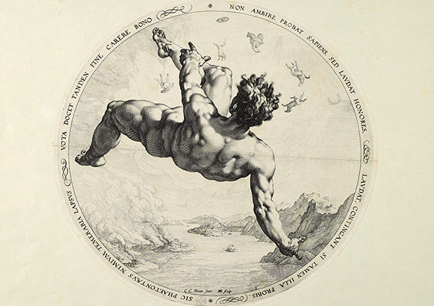 Hendrick Goltzius, nach Cornelis Cornelisz. van Haarlem
Phaeton, Blatt 3 aus der Serie „Die vier Himmelsstürmer“, 1588
Kupferstich, Ø 34,3 cm - © Kunstmuseum Bern, Bernische Kunstgesellschaft, Bern