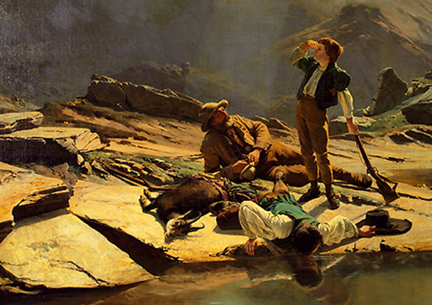 Albert de Meuron
Rast der Gemsjäger,
1855, Öl auf
Leinwand, 95 x 111,5
cm, Kunstmuseum
Bern - © Kunstmuseum Bern