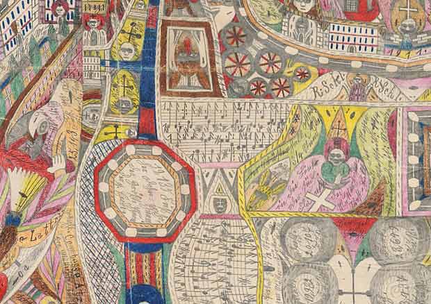 Adolf Wölfli: Alibi, 1911, Bleistift und Farbstift auf Papier, 70 × 468 cm. - © Adolf Wölfli-Stiftung, Kunstmuseum Bern