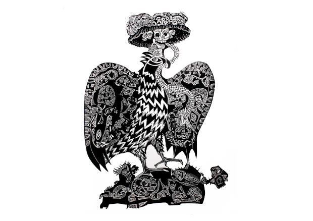 René Derouin, La muerte y la vida (Der Tod und das Leben; rechter Teil eines Diptychons), 2010, Linolschnitt, 119,7 x 99,2 cm, Kunstmuseum Bern, Schenkung der Vereinigten Mexikanischen Staaten. - © René Derouin / Museo Nacional de la Estampa México / Kunstmuseum Bern.