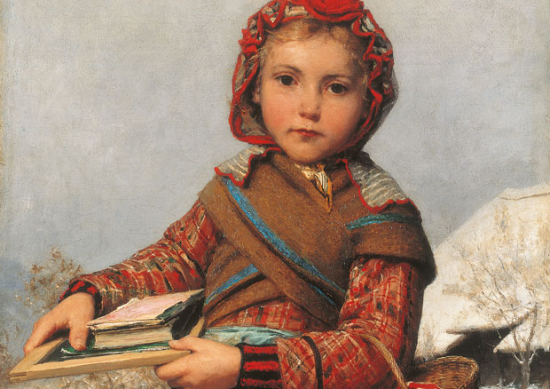 Albert Anker, Schulmädchen mit Schiefertafel und Nähkörbchen, 1878. Öl auf Leinwand, 60 x 47,5 cm (Ausschnitt). Stiftung für Kunst, Kultur und Geschichte, Winterthur - 